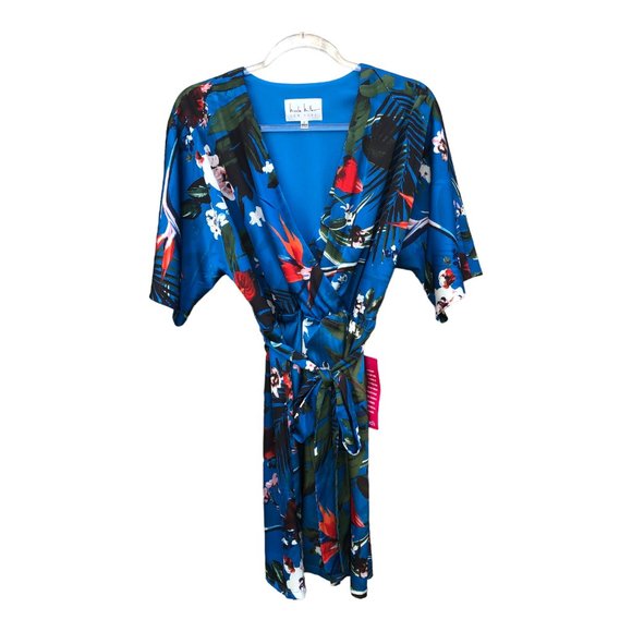 Nicole Miller Dresses & Skirts - Nicole Miller New York Tropical Deep V Short Sleeve Cobalt Blue Midi Dress